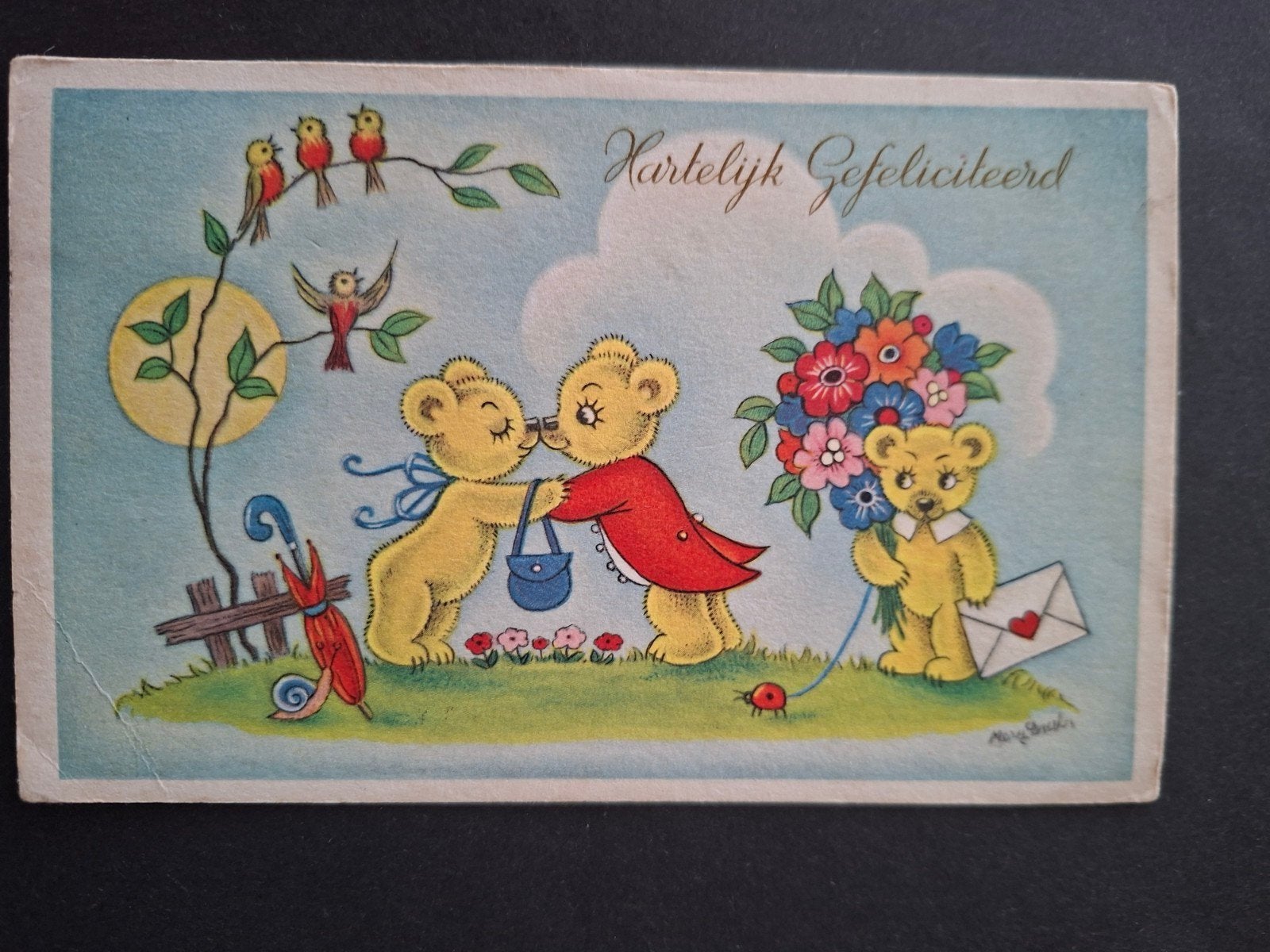 Mary Daester, Beren, Op verjaardagsvisite, knuffel, Verzamelen, Verzenden, 1940 tot 1960, Gelopen, Overige thema's