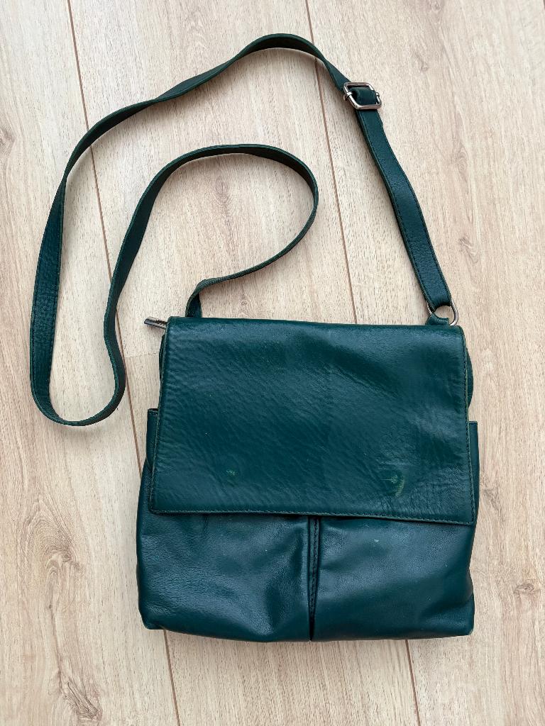 Leren handtas Petrol blauw - Messenger bag double pocket, Ophalen of Verzenden, Gebruikt, Blauw, Leer