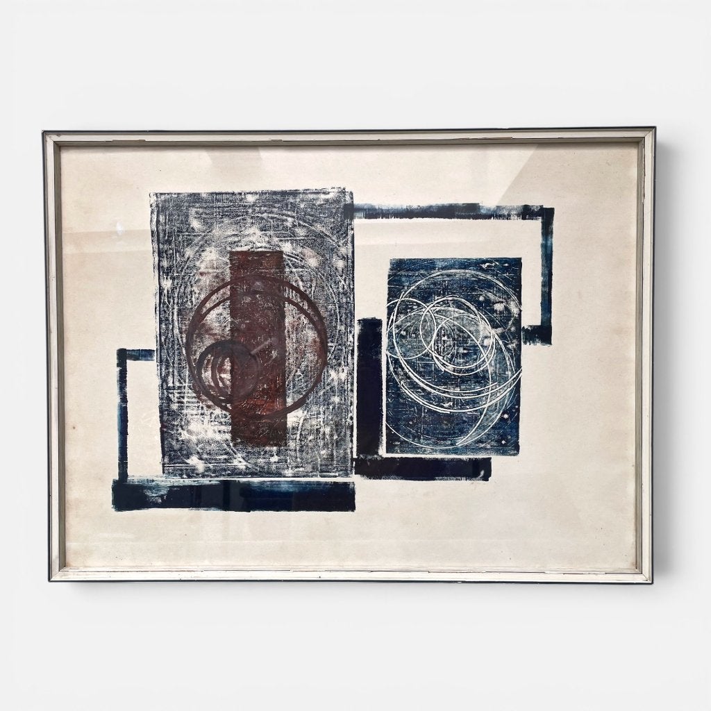 Abstracte print Blauwe Witte Mid-Century Modern Amersfoort, Antiek en Kunst, Kunst | Schilderijen | Klassiek, Ophalen of Verzenden