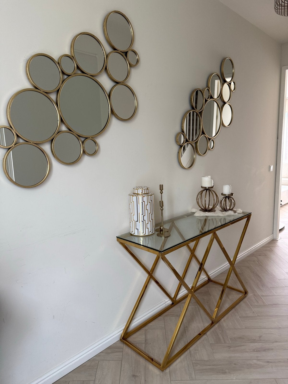 Luxe glazen sidetable met 2 gouden vazen en bloemen, Ophalen of Verzenden, Zo goed als nieuw, Goud, Glas