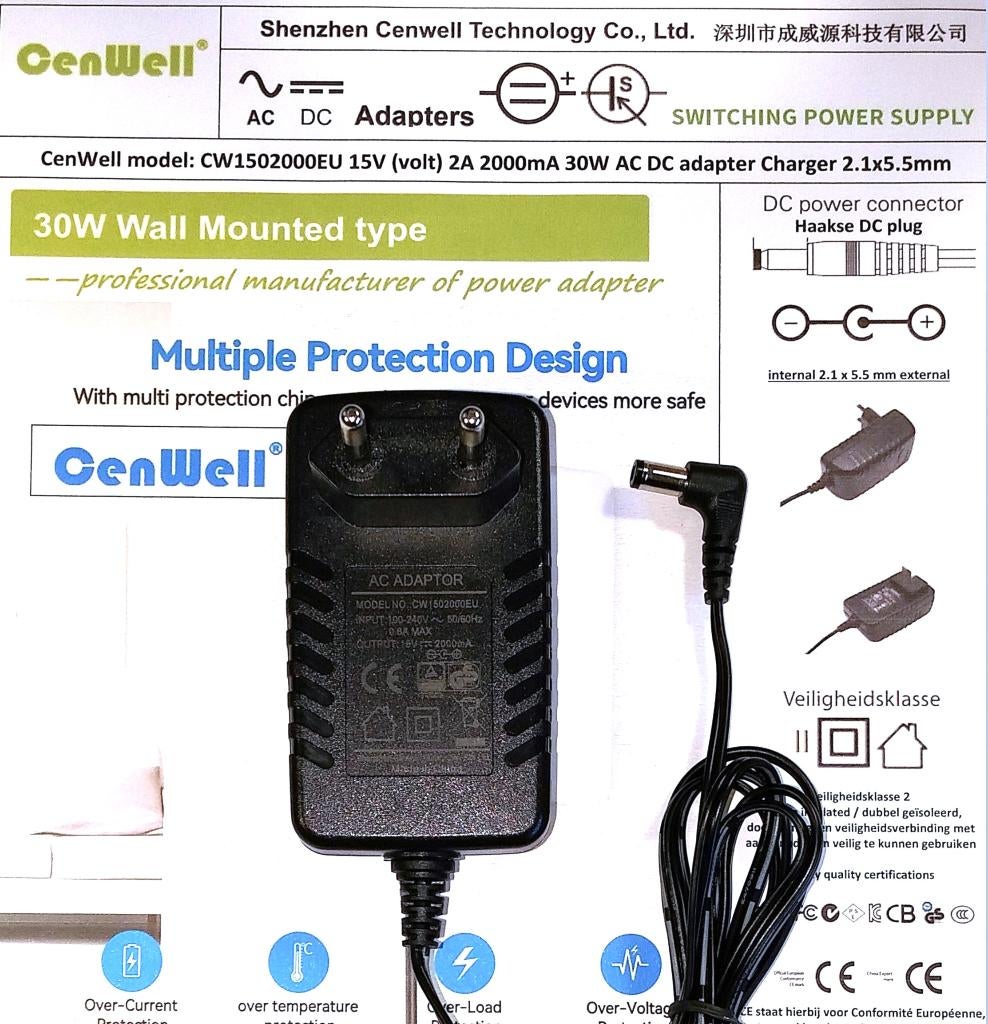 Cenwell CW1502000EU 15V 2A 1A 30W Adapter Lader Oplader, Computers en Software, Pc- en Netwerkkabels, Zo goed als nieuw, Ophalen of Verzenden