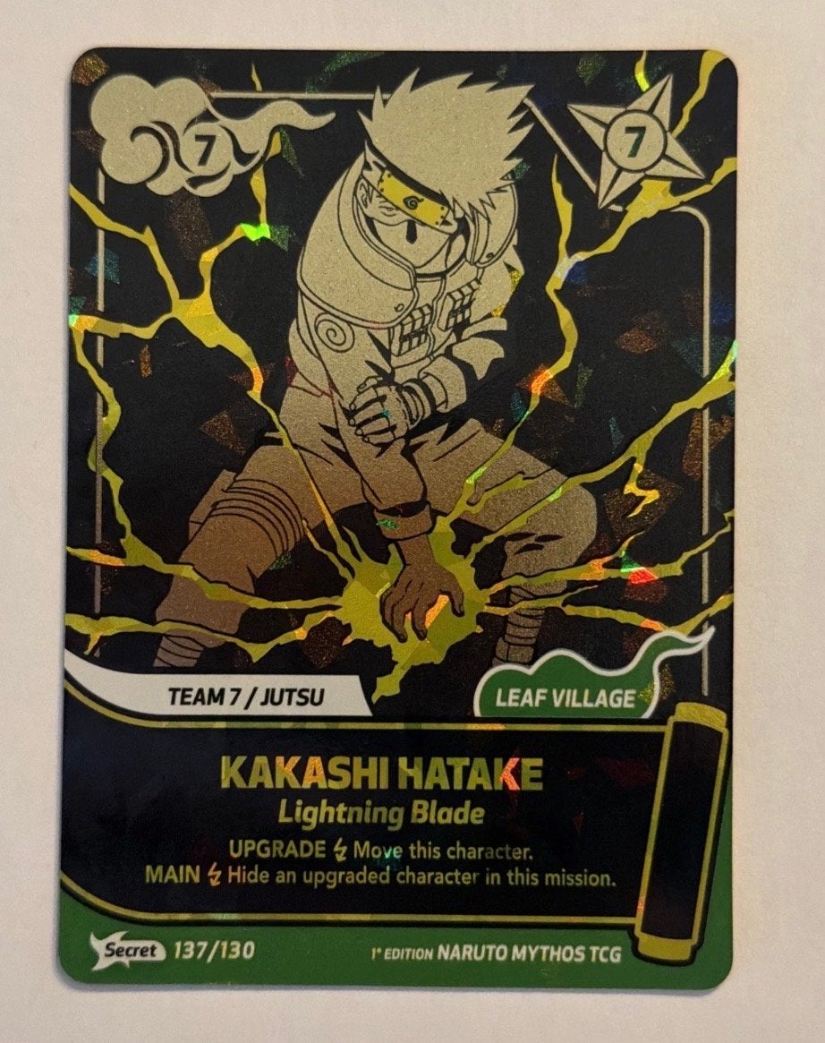 Naruto Kakashi Hatake Secret Rare 137/130 1st Edition Mythos, Ophalen of Verzenden, Zo goed als nieuw, Losse kaart, Foil