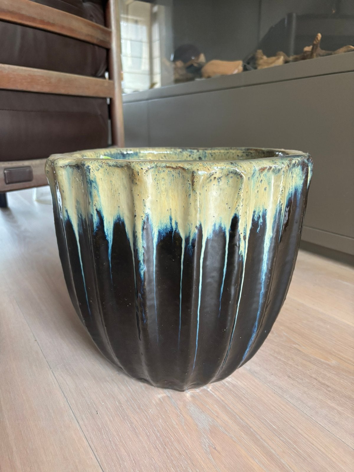 Keramieke Bloempot - Groen/Blauw geglazuurd, Gebruikt, Rond, Binnen, Minder dan 40 cm
