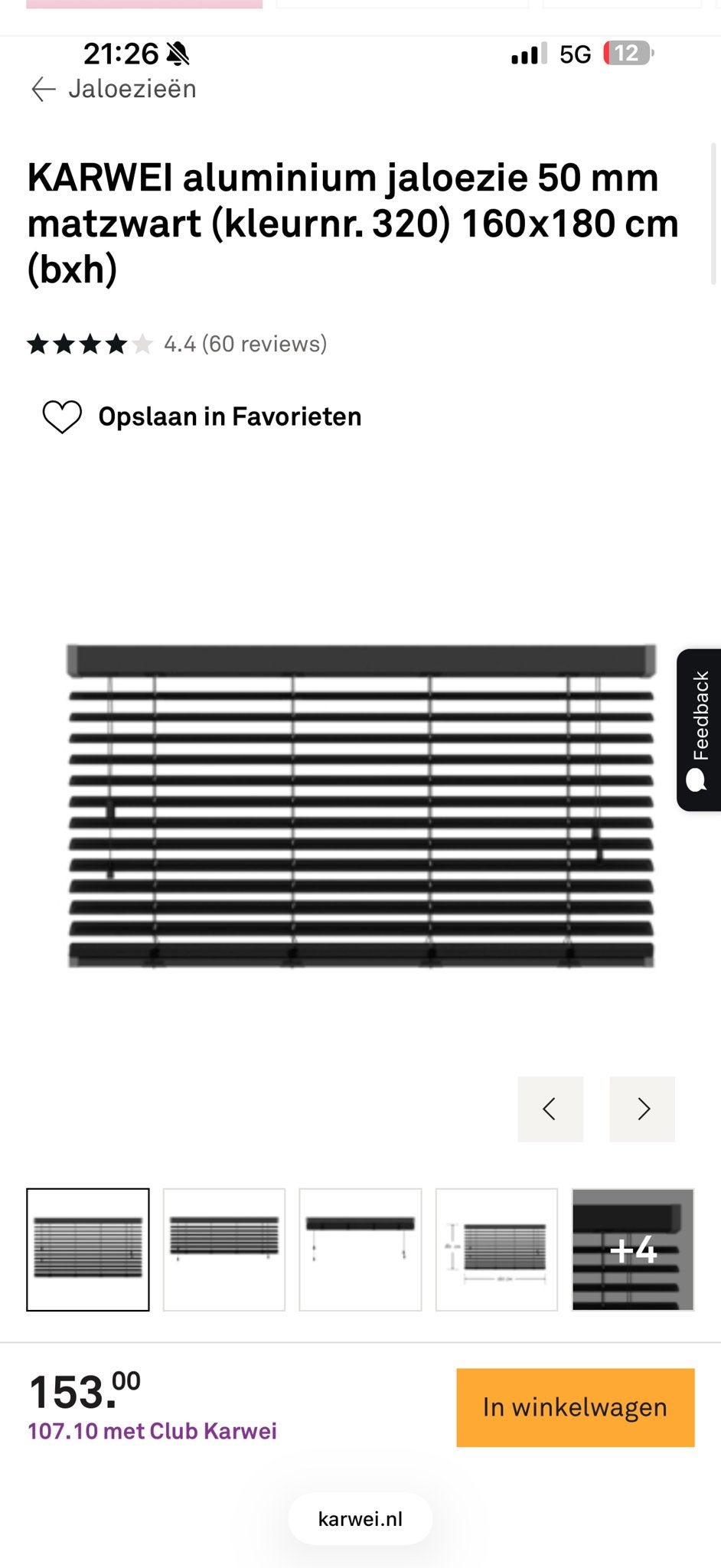 KARWEI aluminium jaloezie 160x180 cm matzwart, Doe-het-zelf en Verbouw, Ophalen, Nieuw, Overige kleuren, 150 tot 200 cm