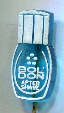 Boldon after shave wit op blauw plastic speldje ( U_163), Verzamelen, Speldjes, Pins en Buttons, Zo goed als nieuw, Speldje of Pin
