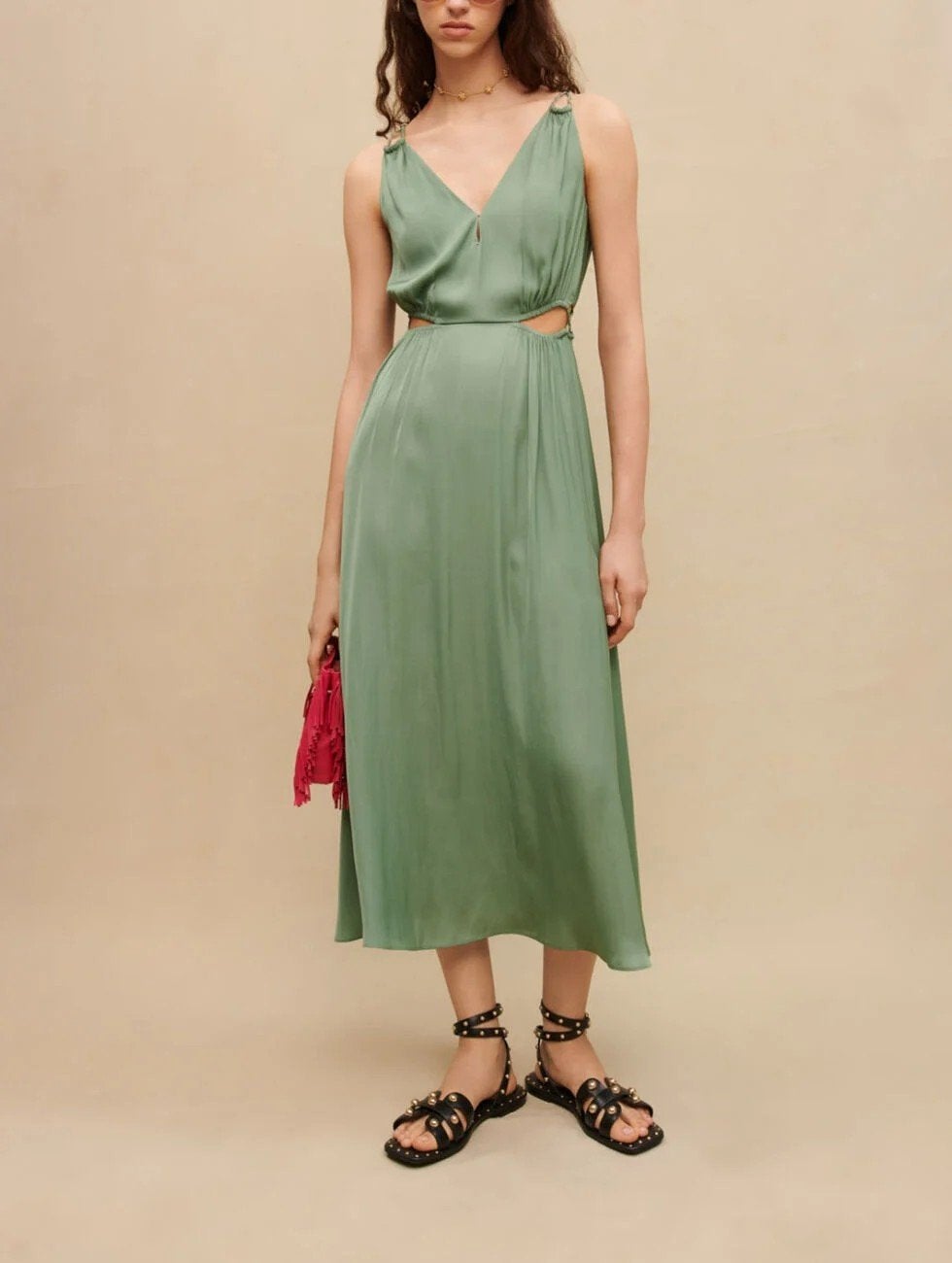 Maje Lange Groene Jurk met Cut-outs - Maat 34 (XS), Kleding | Dames, Sandro, Nieuw, Ophalen of Verzenden, Maat 34 (XS) of kleiner