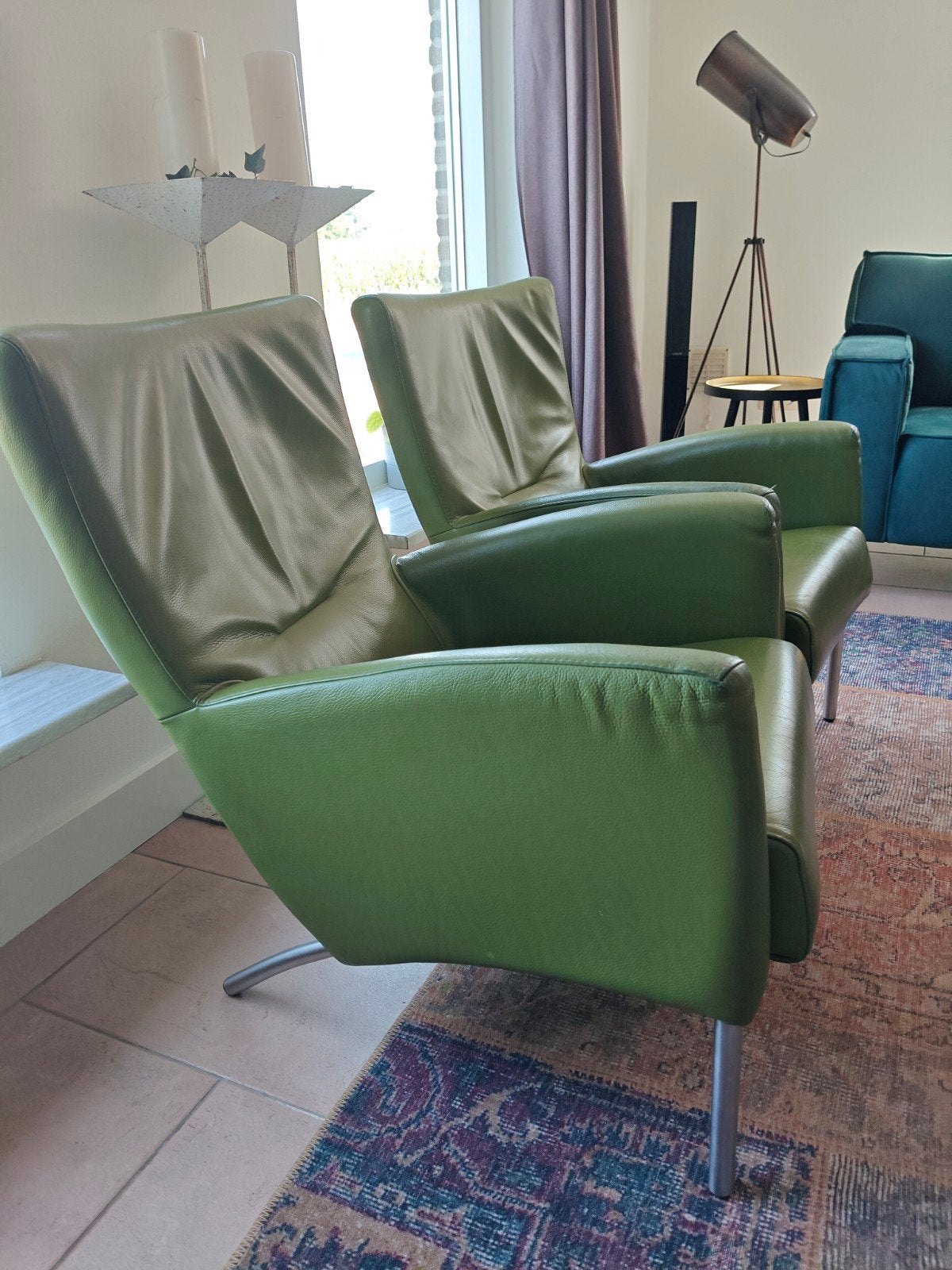 Set van 2 groene Montis Windy fauteuils, Ophalen, Minder dan 50 cm, Zo goed als nieuw, Leer