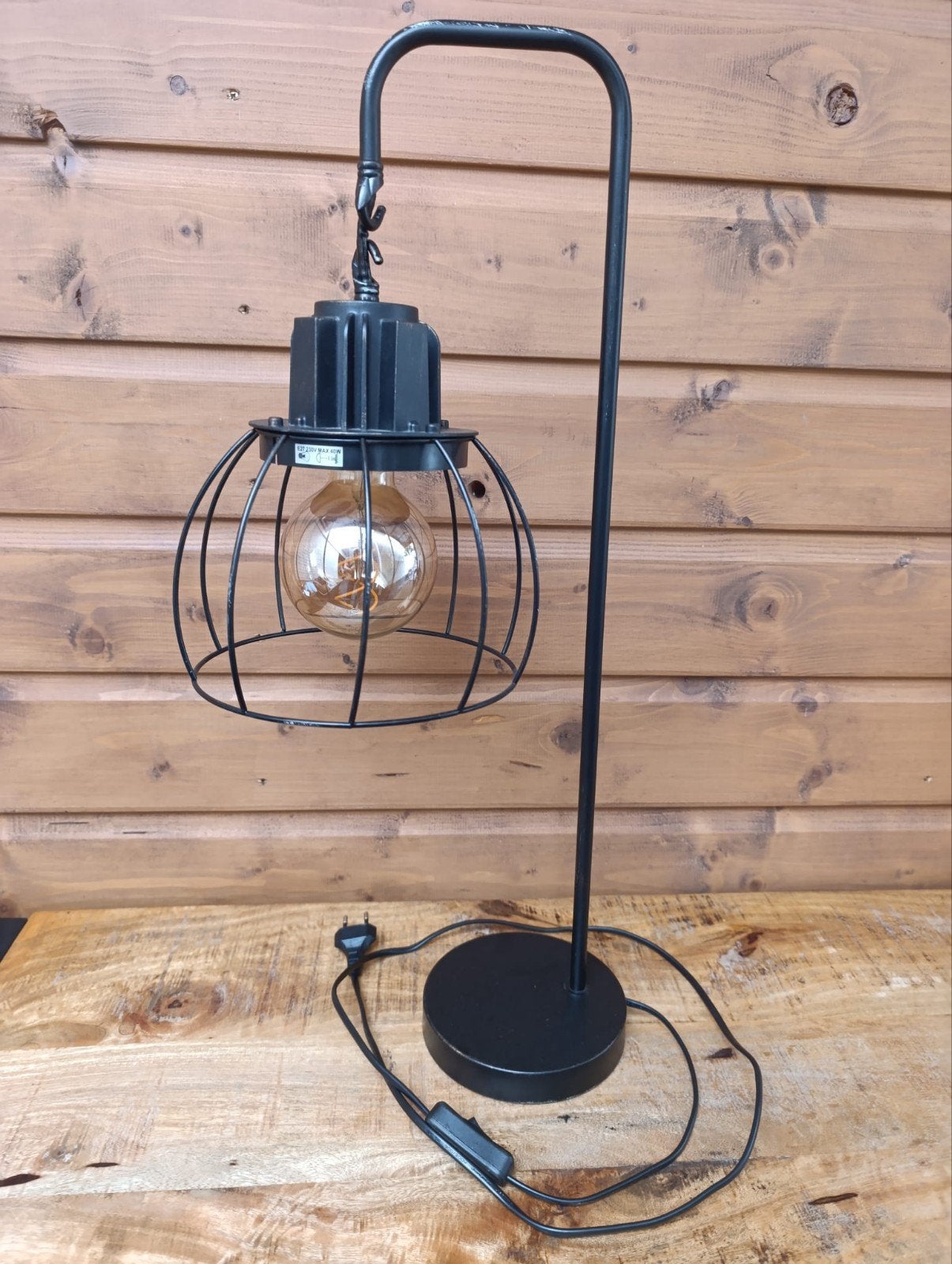 Industriële tafellamp met kooi en Edison gloeilamp, Ophalen, Met schakelaar, E27 (groot), Zwart