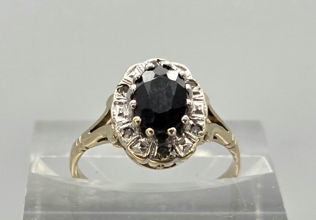 Gouden Vintage ring edelsteen saffier en diamant. 2026/161., Blauw, ., Ophalen of Verzenden, .