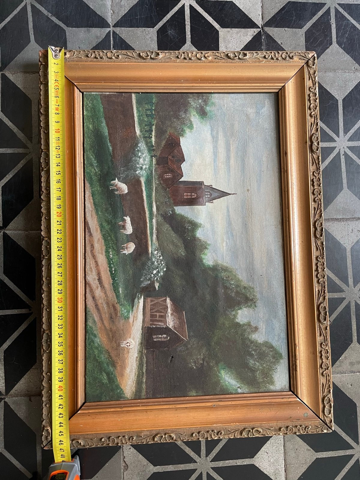Oud Hollands Landschap Schilderij met Kerk en Schapen, Antiek en Kunst, Ophalen, Doek, Oud hollands, Landschap