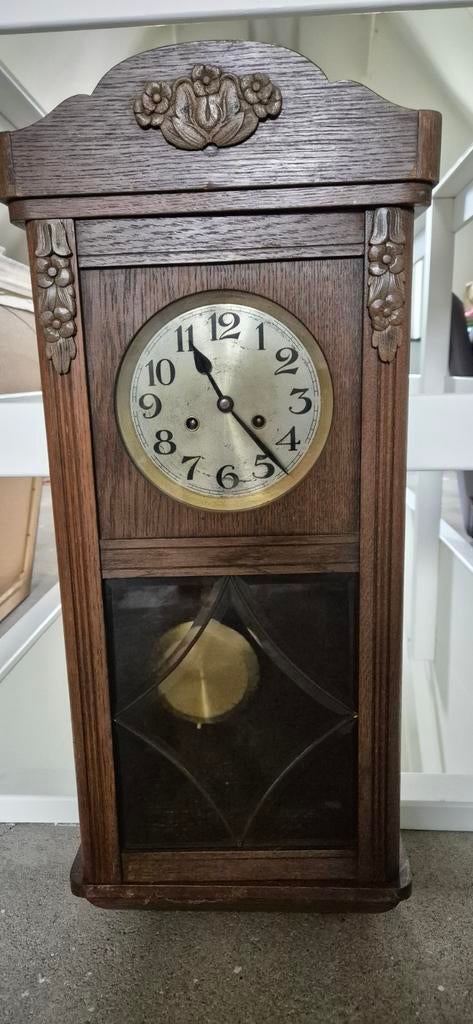 Antieke houten wandklok met slinger, Antiek en Kunst, Ophalen of Verzenden