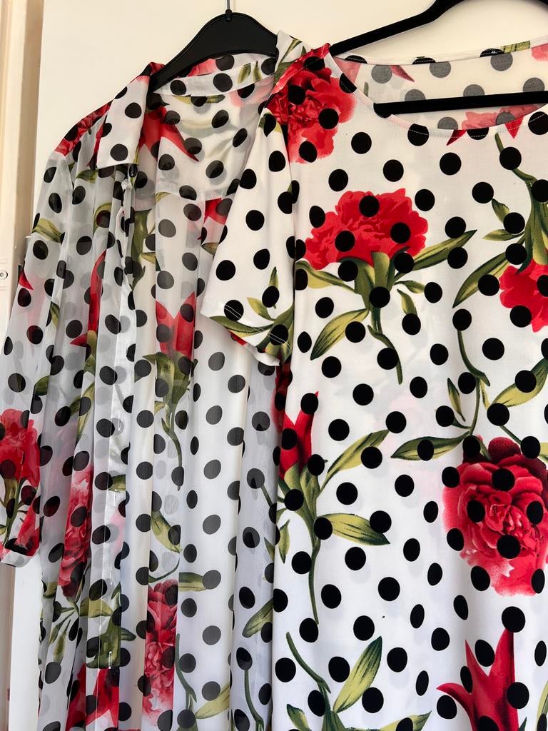 Zomerse jurk en kimono set met stippen en bloemen, Maat 38/40 (M), Wit, Ophalen of Verzenden, Zo goed als nieuw