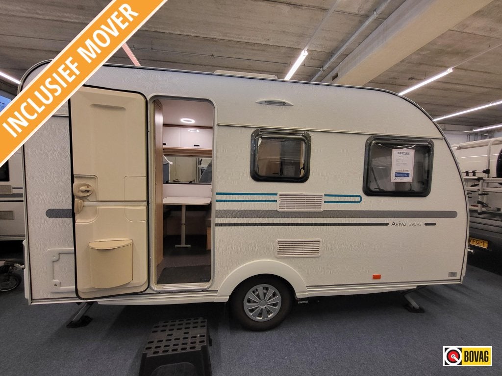 Adria Aviva 390 PS; voortent, mover, fietsenrek, Schokbreker, Bedrijf, Treinzit, Adria