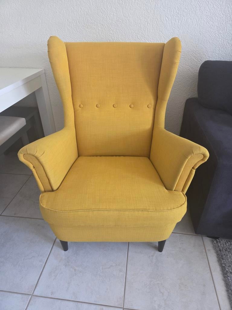 Gele oorfauteuil - Comfortabele fauteuil in okergeel, Huis en Inrichting, Fauteuils, Ophalen, Gebruikt, 75 tot 100 cm, 75 tot 100 cm