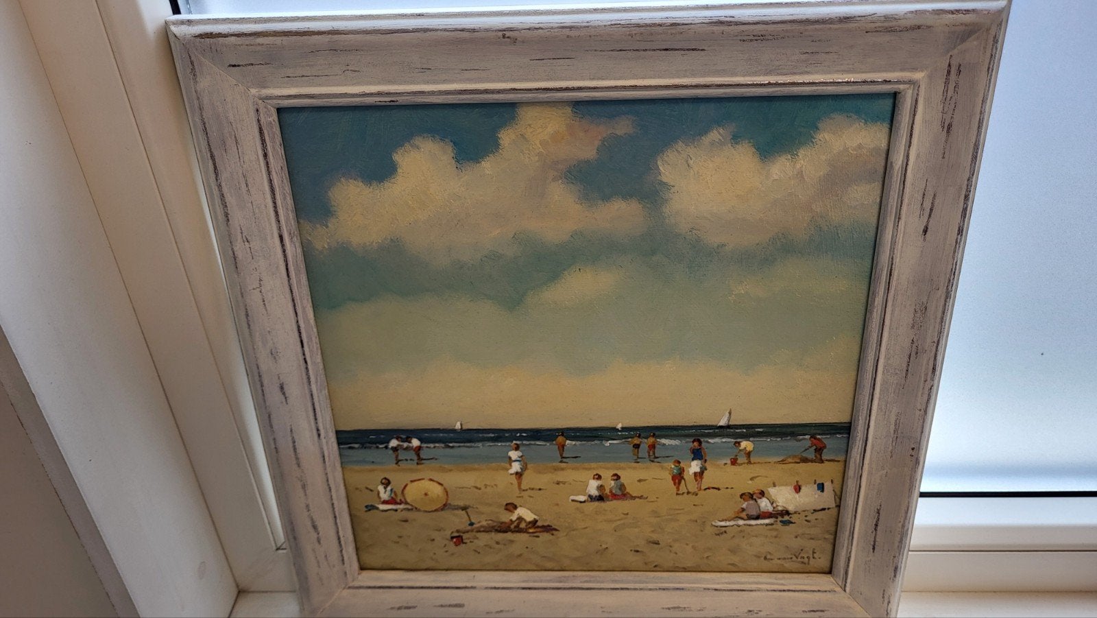 Schilderij strandgezicht met badgasten en bootjes, Antiek en Kunst, Paneel, Impressionistisch, Ophalen of Verzenden, Gesigneerd
