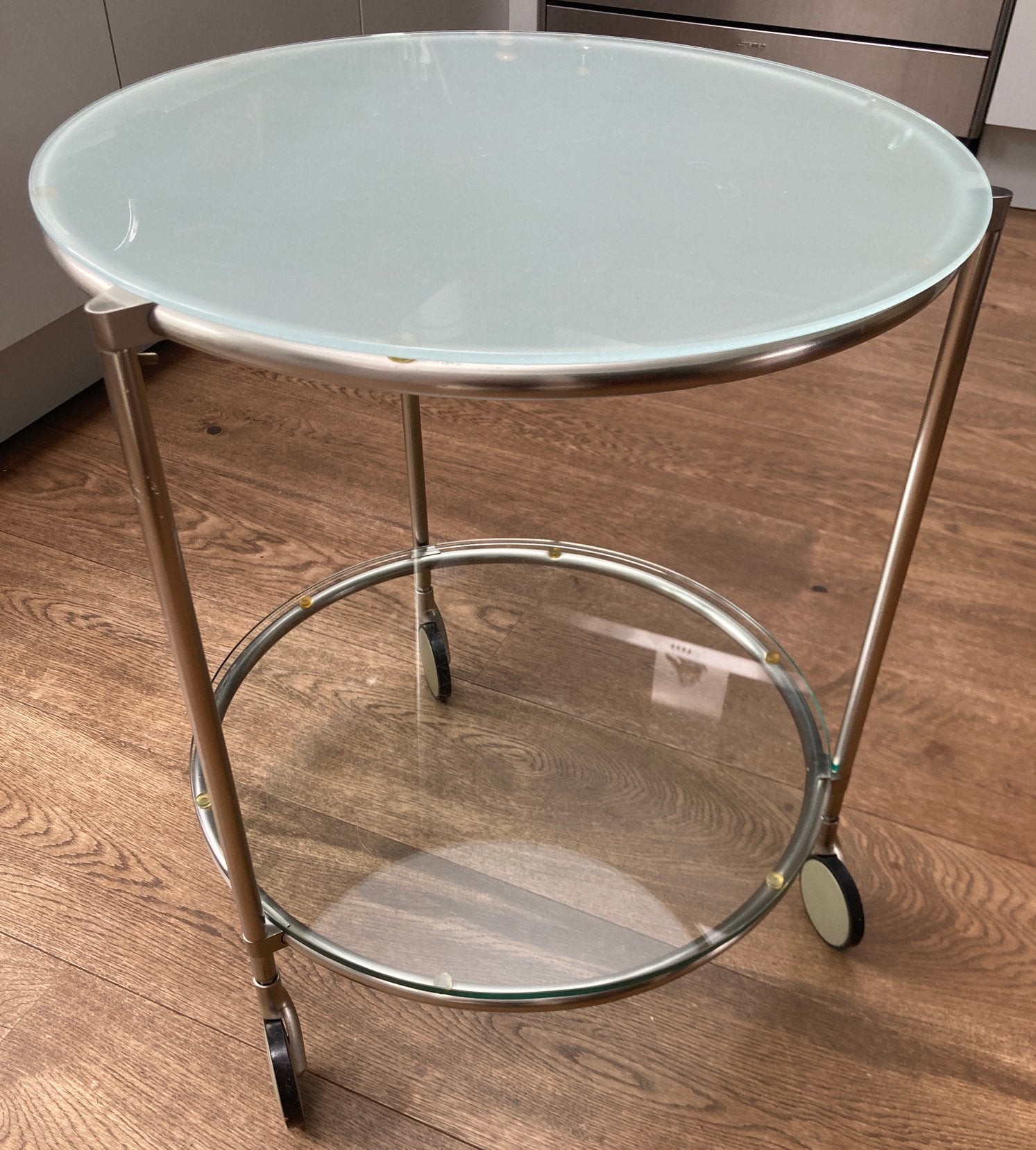 Vintage Ikea Strind bijzettafel op wieltjes, Minder dan 55 cm, Rond, Ophalen, 45 tot 60 cm