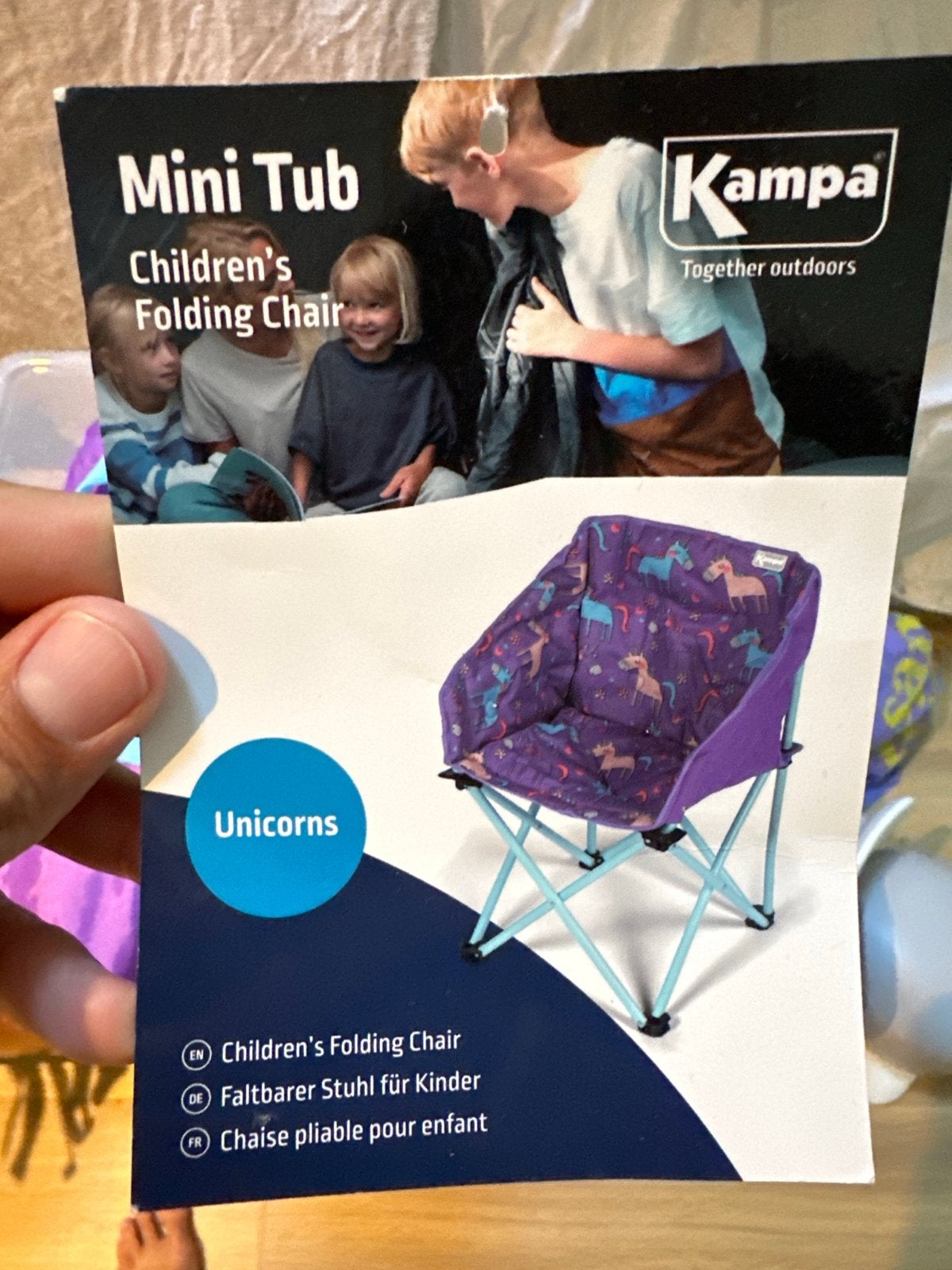 Kampa Mini Tub Kinder Campingstoel - Eenhoorn design, Caravans en Kamperen, Ophalen, Zo goed als nieuw, Campingstoel