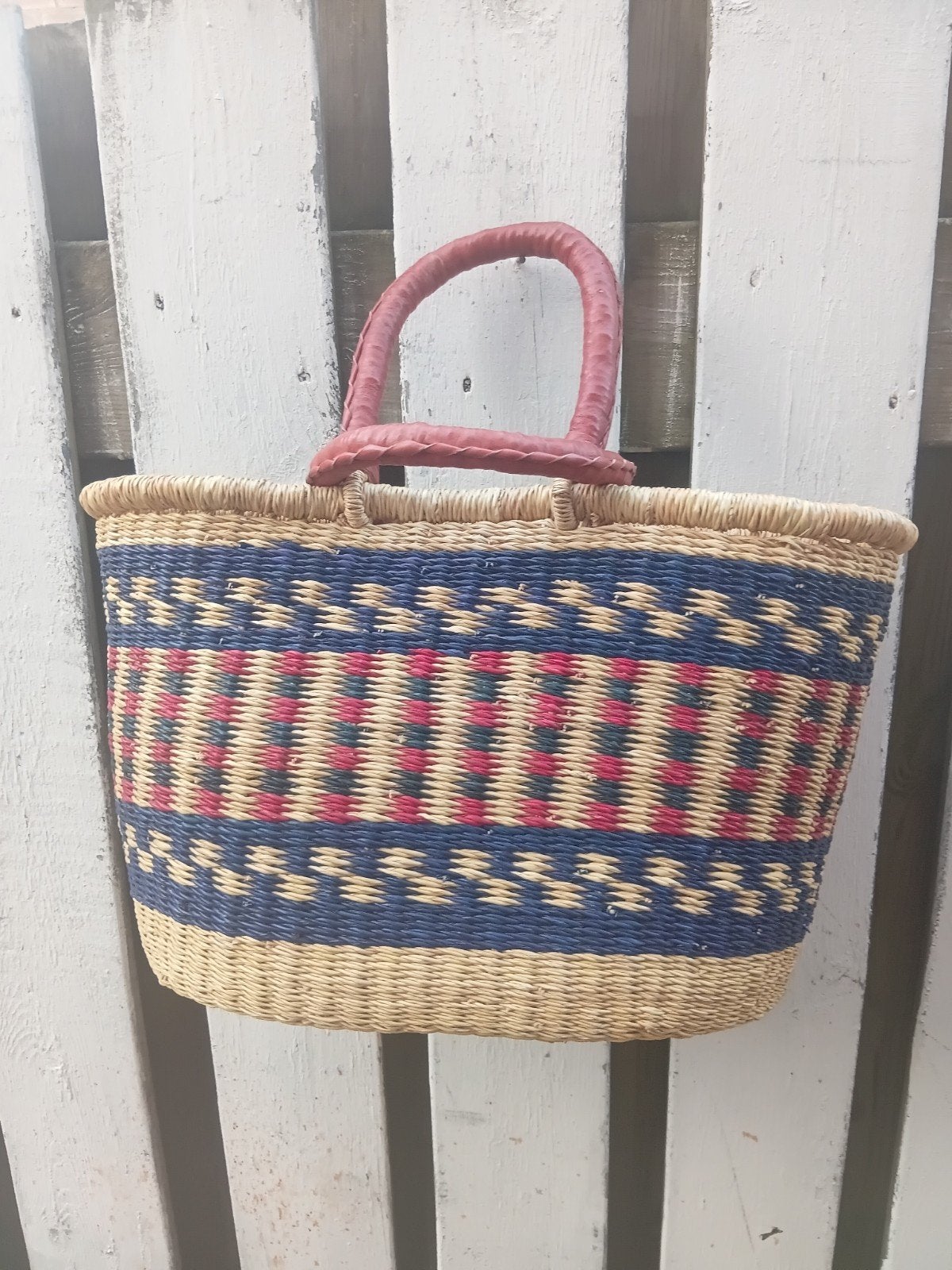 Ghana shopper 2 lederen handvatten uniek Bolgatanga, Overige materialen, Mand, Nieuw, Ophalen of Verzenden