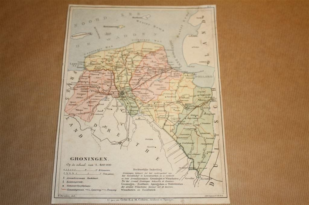 Antieke provinciekaart - Groningen - Bruins 1895 !!, Boeken, Atlassen en Landkaarten, Gelezen, Ophalen of Verzenden, Landkaart