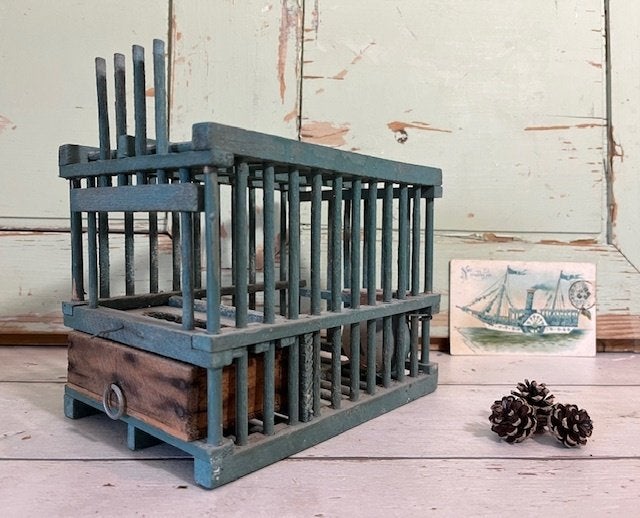 Vintage Frans groen houten vogelkooitje + origineel kruikje, Antiek en Kunst, Ophalen of Verzenden