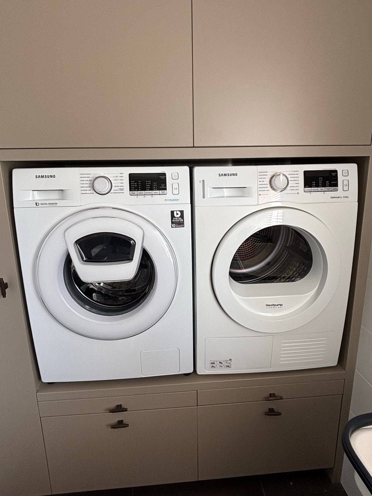 (Set) Samsung Wasmachine en Warmtepompdroger, 8 tot 10 kg, Ophalen, Gebruikt, 85 tot 90 cm