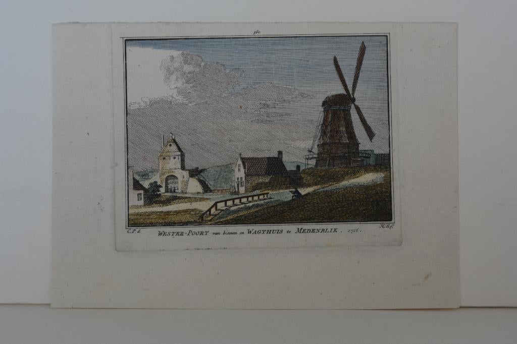 MEDENBLIK WESTERPOORT WACHTHUIS MOLEN GRAVURE H. Spilman G77, Verzenden, Stadsgezicht, Met monogram, Gravure