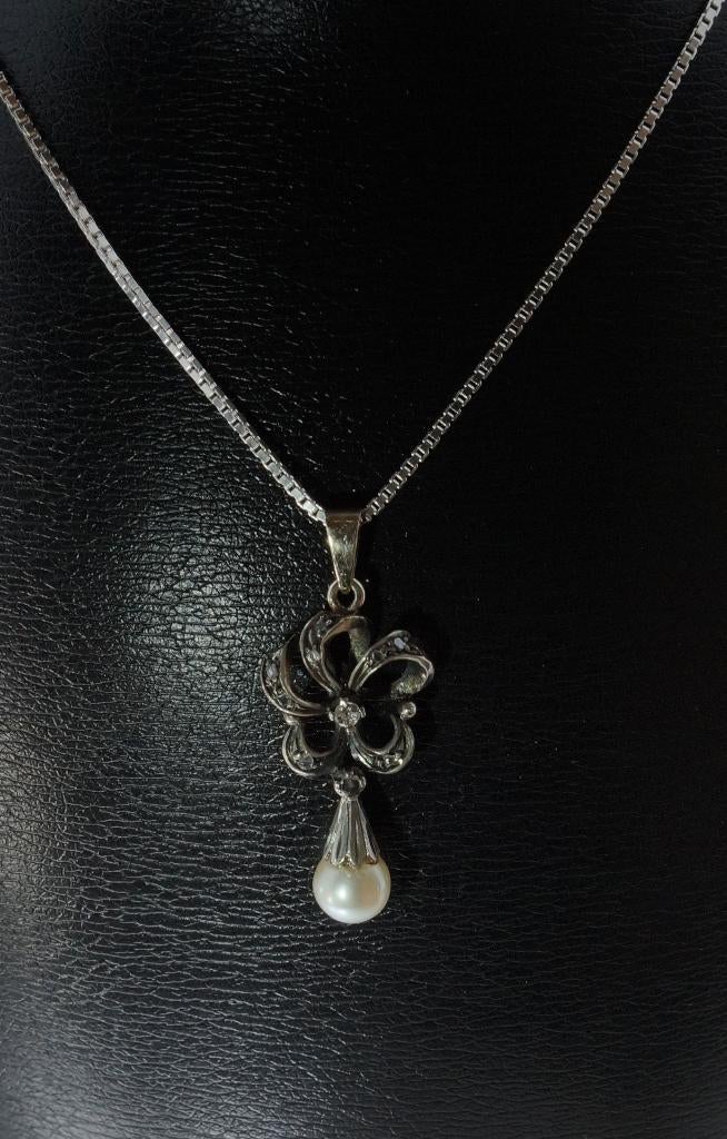 Diamanten parel antieke 14k gouden ketting hanger zilver, Verzenden, Goud, Hanger, Met edelsteen