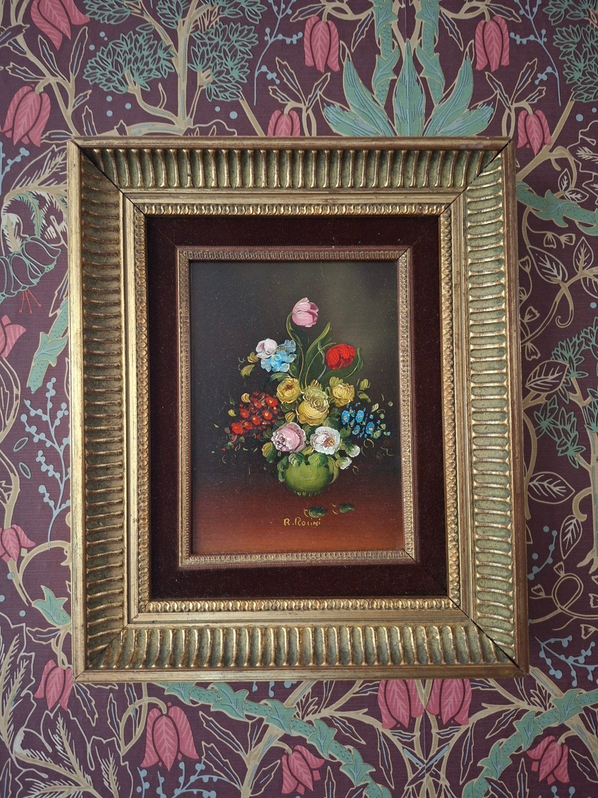 Bloemenschilderij R. Rosini  Toen was geluk, Bloemen, Paneel, Realistisch, Ophalen of Verzenden