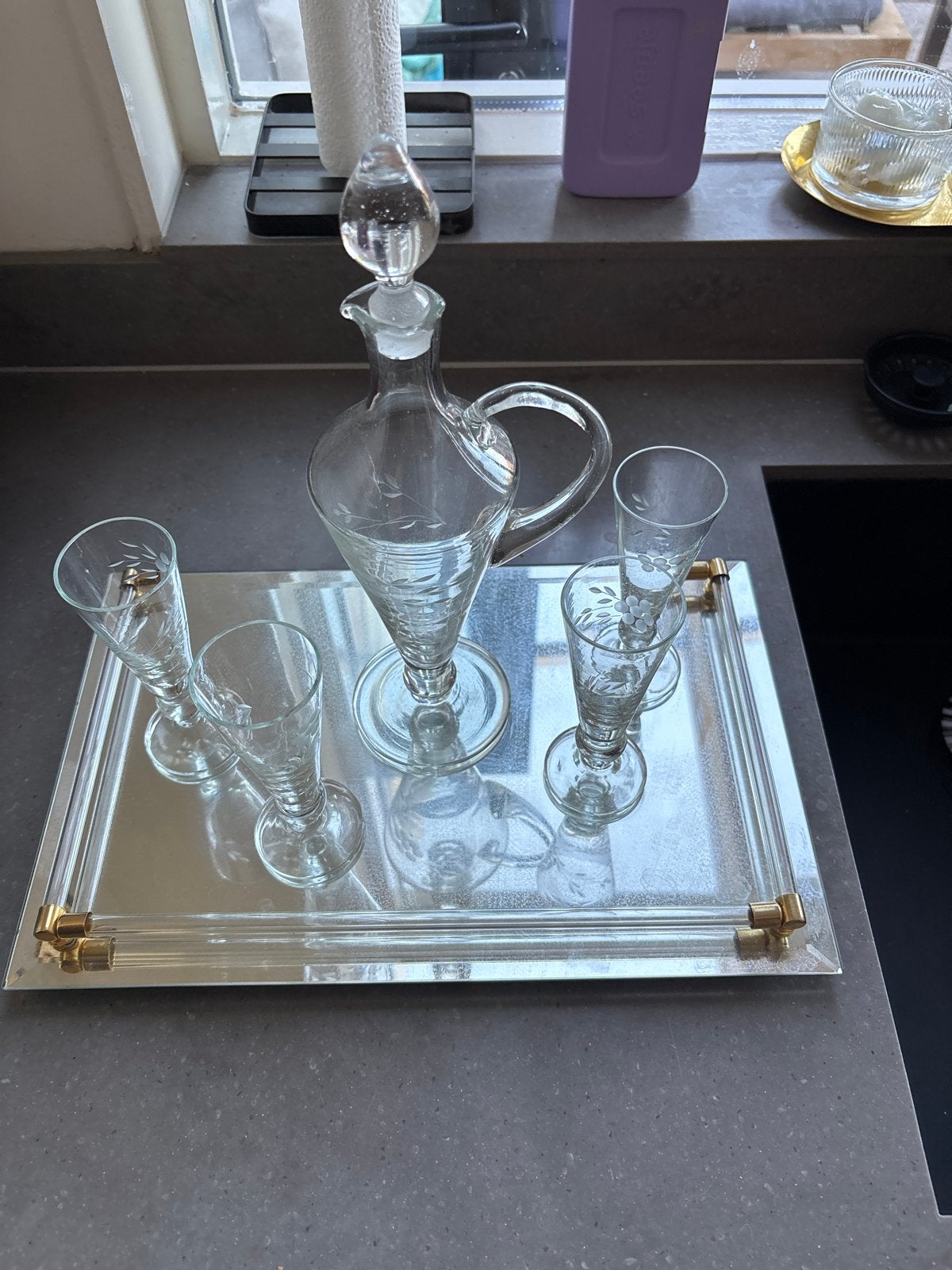 Vintage karafset met dienblad en glaasjes, Ophalen of Verzenden