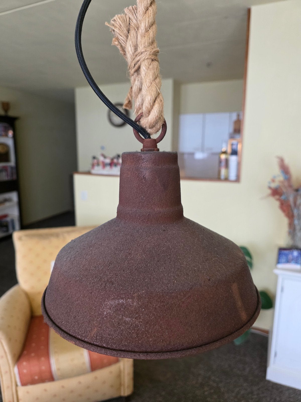 Industriële hanglamp met touw - roestbruin, Gebruikt, Industrieel, Landelijk, Natuurlijk materiaal, E27 (groot)