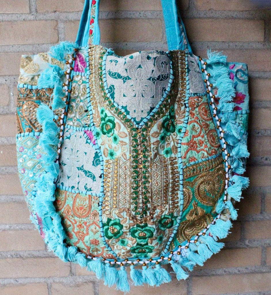 Turquoise tote bag boho hippy chic handtas strandtas goud XL, Ophalen of Verzenden, Nieuw, Blauw, Shopper