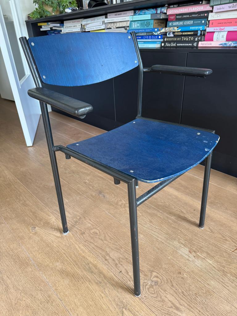 Vintage stoel van metaal en hout - Blauw, Ophalen of Verzenden