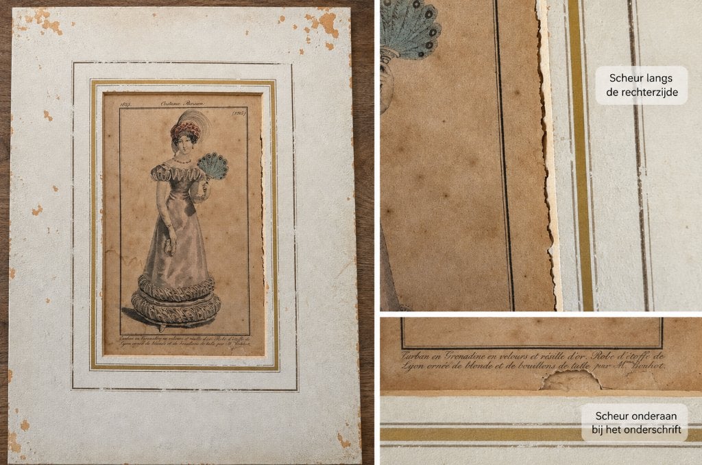 Antieke Franse modegravure Costume Parisien beschadigd, Handgekleurd, 1800 - 1899, Mode, Ophalen of Verzenden