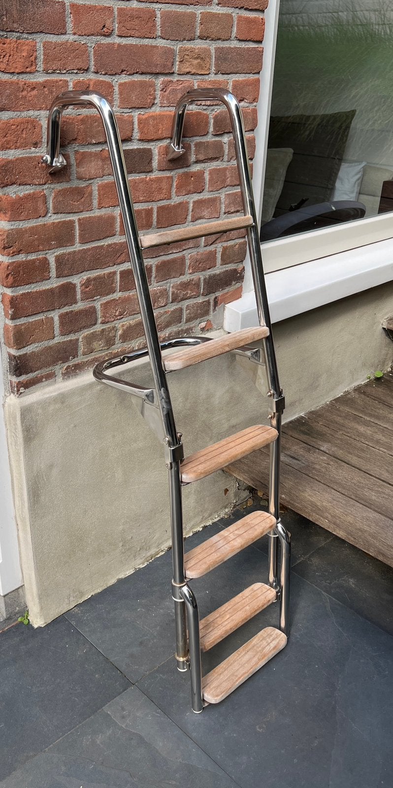 Zwemtrap RVS met 6 teak treden, opvouwbaar., Watersport en Boten, Ophalen of Verzenden, Zo goed als nieuw, Overige typen