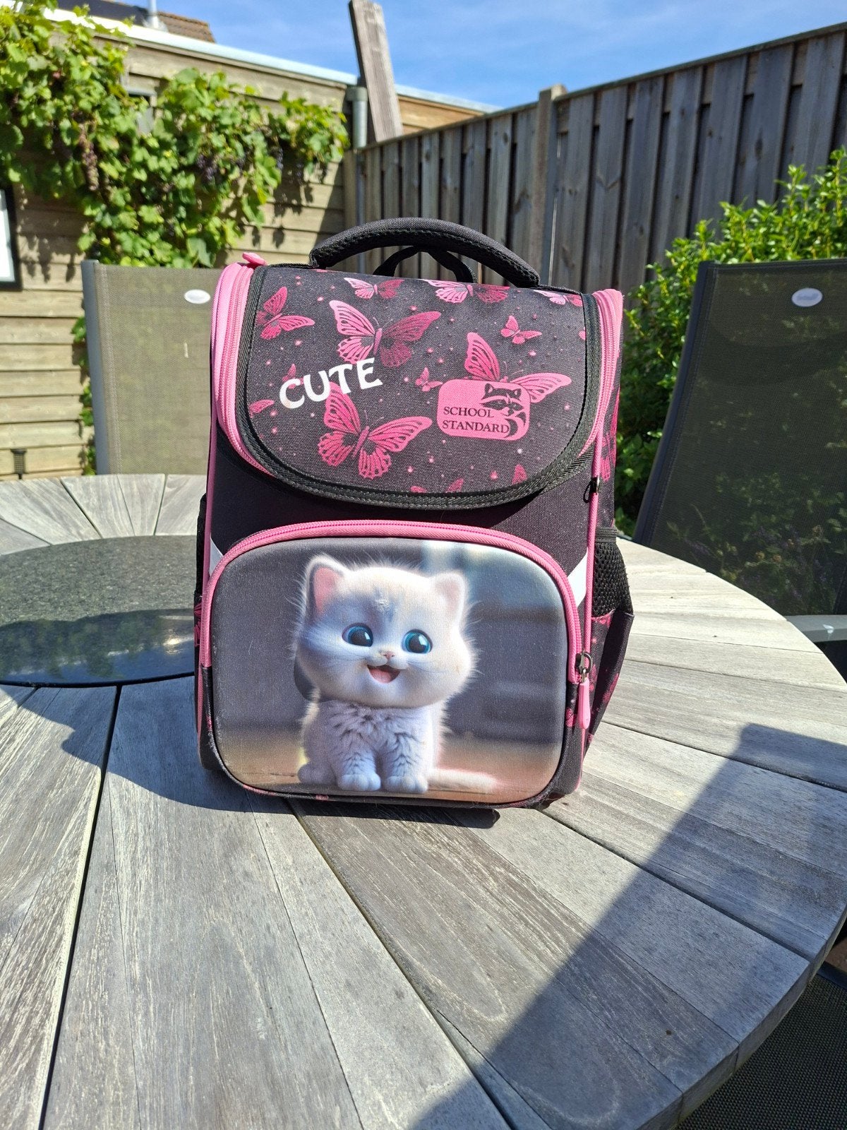 Leuke schooltas met schattige kitten en vlinders, Ophalen, Gebruikt, Rugtas, Zwart