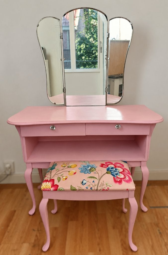 Een roze kaptafel, 3 luik spiegel inclusief Pip bankje, Ophalen of Verzenden, Zo goed als nieuw, 50 tot 100 cm, Minder dan 100 cm