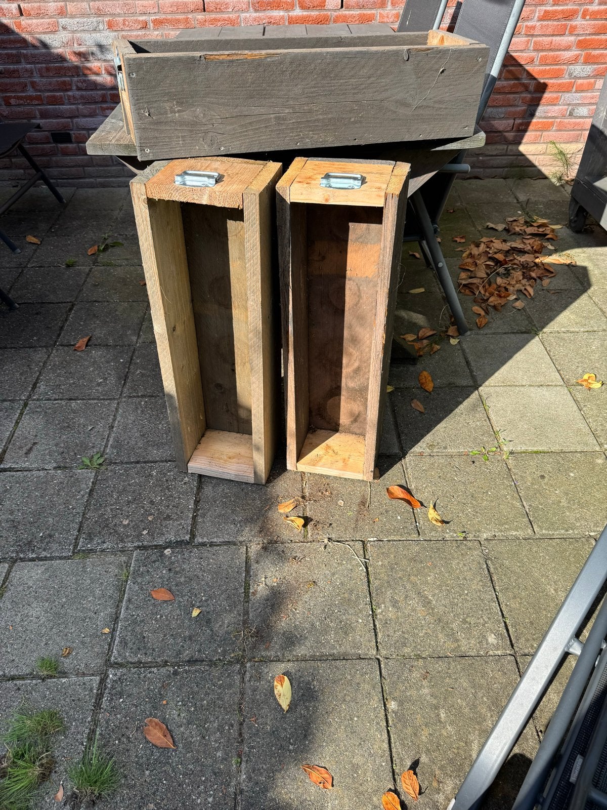 3x Bloembak steigerhout met handvat, 80x25x20 cm, Ophalen, Gebruikt, Minder dan 30 cm, Binnen