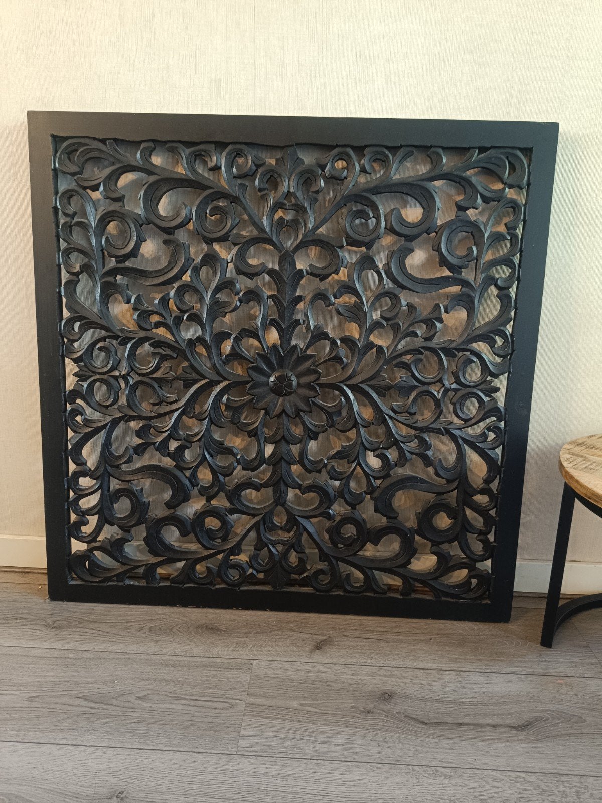Prachtig zwart houten wandpaneel, 91x91cm, Ophalen, Oosters, Zo goed als nieuw, Wandbord of Wandpaneel