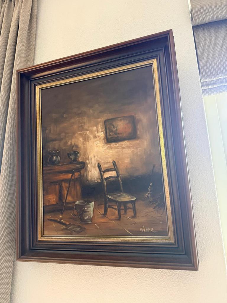 Olieverfschilderij 'Interieur met stoel en bezem', Ophalen of Verzenden