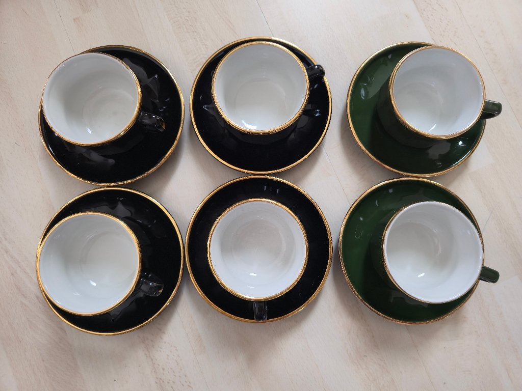 Set van 6 Apilco kop en schotels - Zwart en Groen met goud, Gebruikt, Overige merken, Klassiek, Ophalen of Verzenden