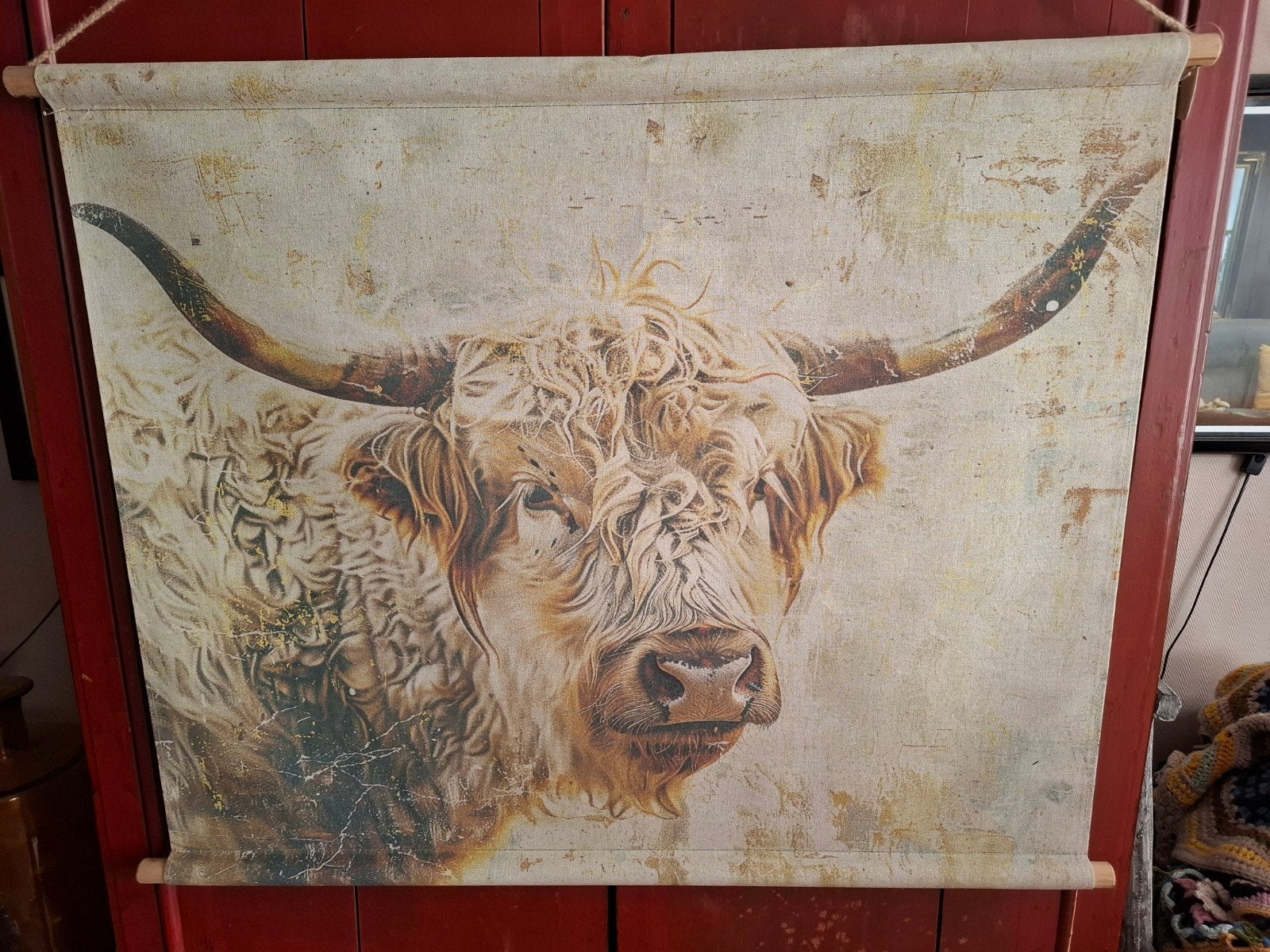 Groot wandkleed Schotse Hooglander 95x80 cm, Gebruikt, Meerkleurig, Ophalen of Verzenden, Landelijk