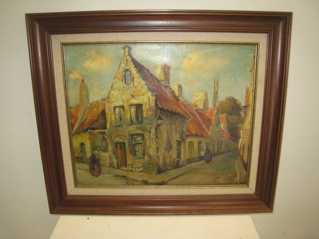 Vlaamse kunst, straatleven in Brugge, 54x64, Antiek en Kunst