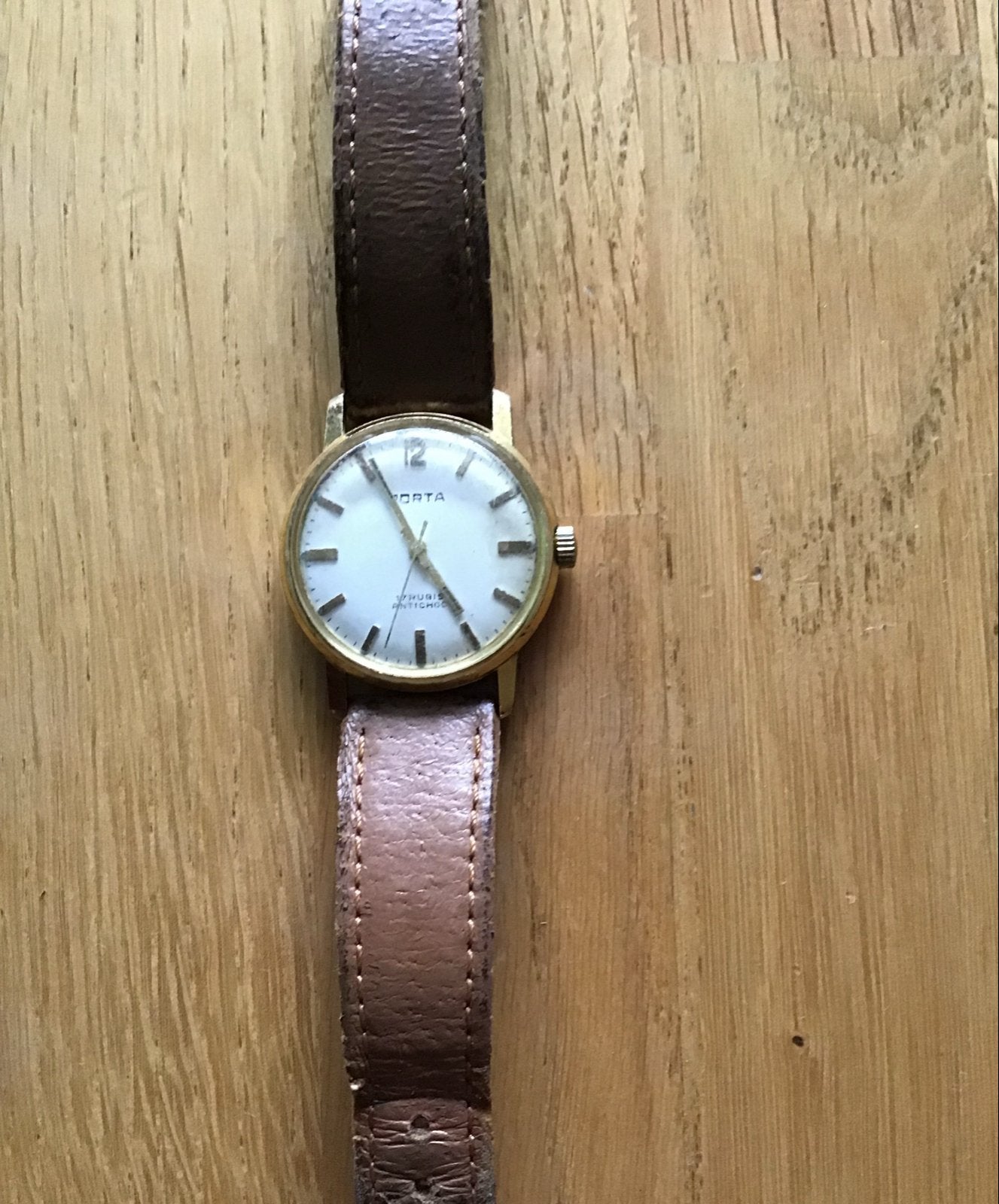 Vintage Porta polshorloge met bruine leren band, Overige merken, Overige materialen, Met bandje, Polshorloge