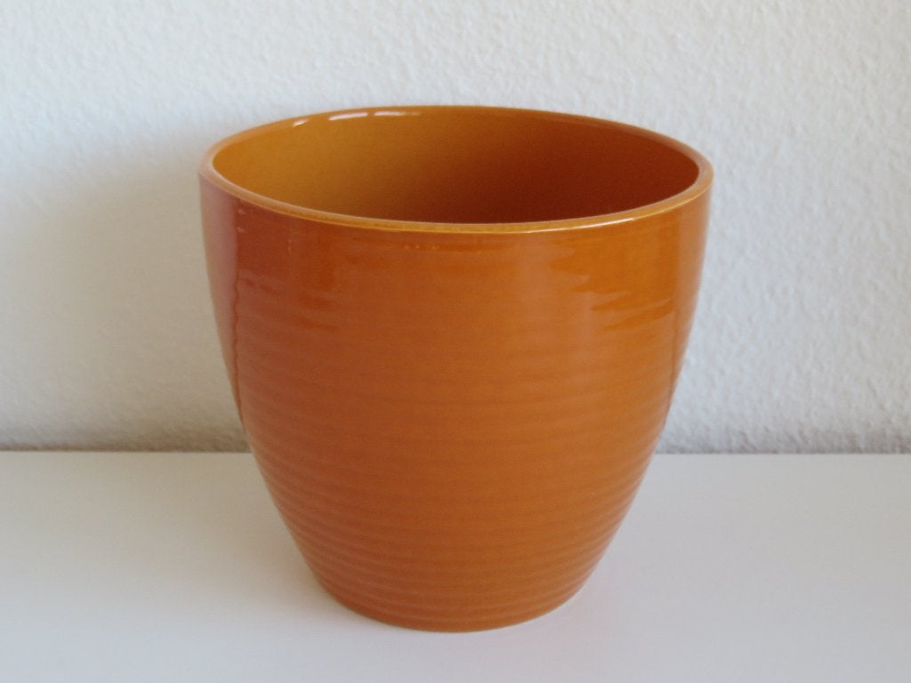 Mica Oranje aardewerken bloempot hoogglans ribbels H 16 cm, Rond, Binnen, Ophalen of Verzenden, Zo goed als nieuw