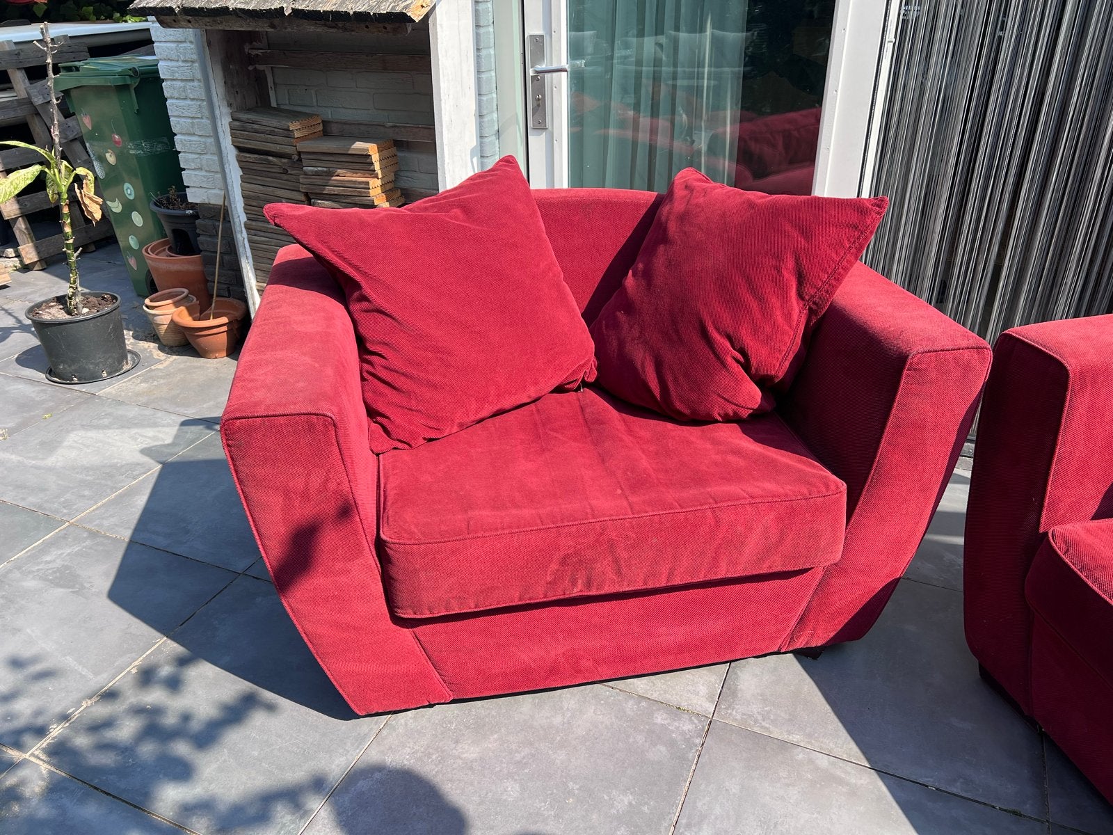 Rode bank en fauteuil set - Gebruikt, Ophalen, Gebruikt, 150 tot 200 cm, Driepersoons