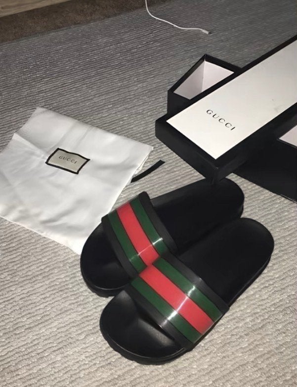 Gucci Slippers met Webdetail - Zwart, Rood en Groen, Kleding | Heren, Ophalen, Zo goed als nieuw, Zwart