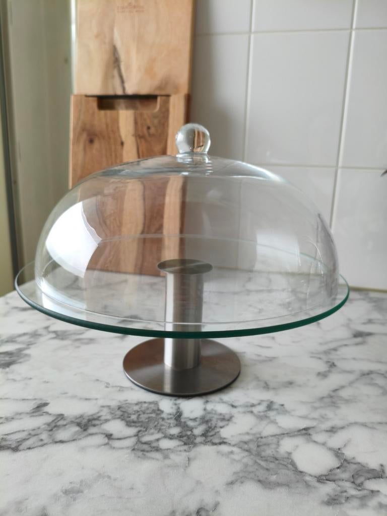 Glazen taartplateau met stolp - RVS voet, Ophalen of Verzenden, Zo goed als nieuw, Overige merken, Glas