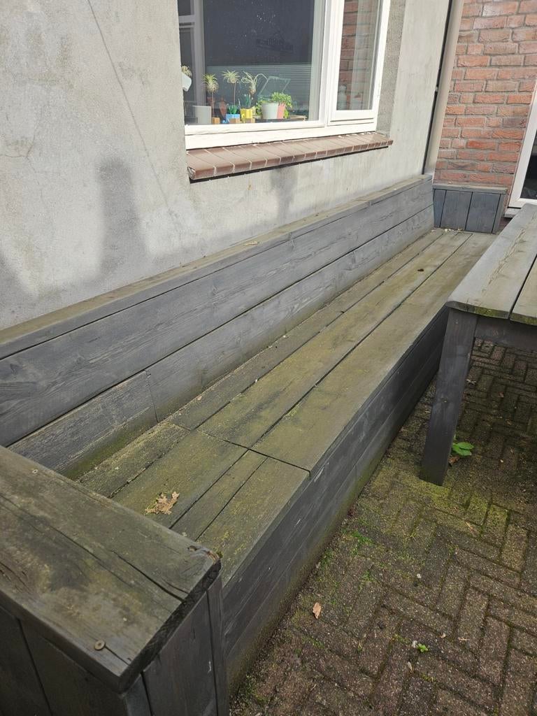 Gratis Robuuste hoekbank met opbergruimte en kussens, Tuin en Terras, Ophalen, Gebruikt, Hout