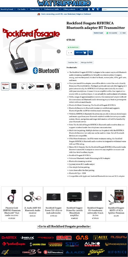 Rockford Fosgate RFBTRCA Bluetooth adapter BT Transmitter, Audio Design, Nieuw, Am Breilingsweg 3, 76709 Kronau, Duitsland, Ophalen of Verzenden