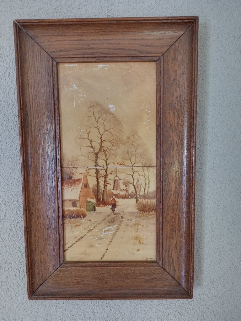 schilderij/tegeltableau landschap eiken lijst, Antiek en Kunst, Antiek | Wandborden en Tegels, Ophalen of Verzenden